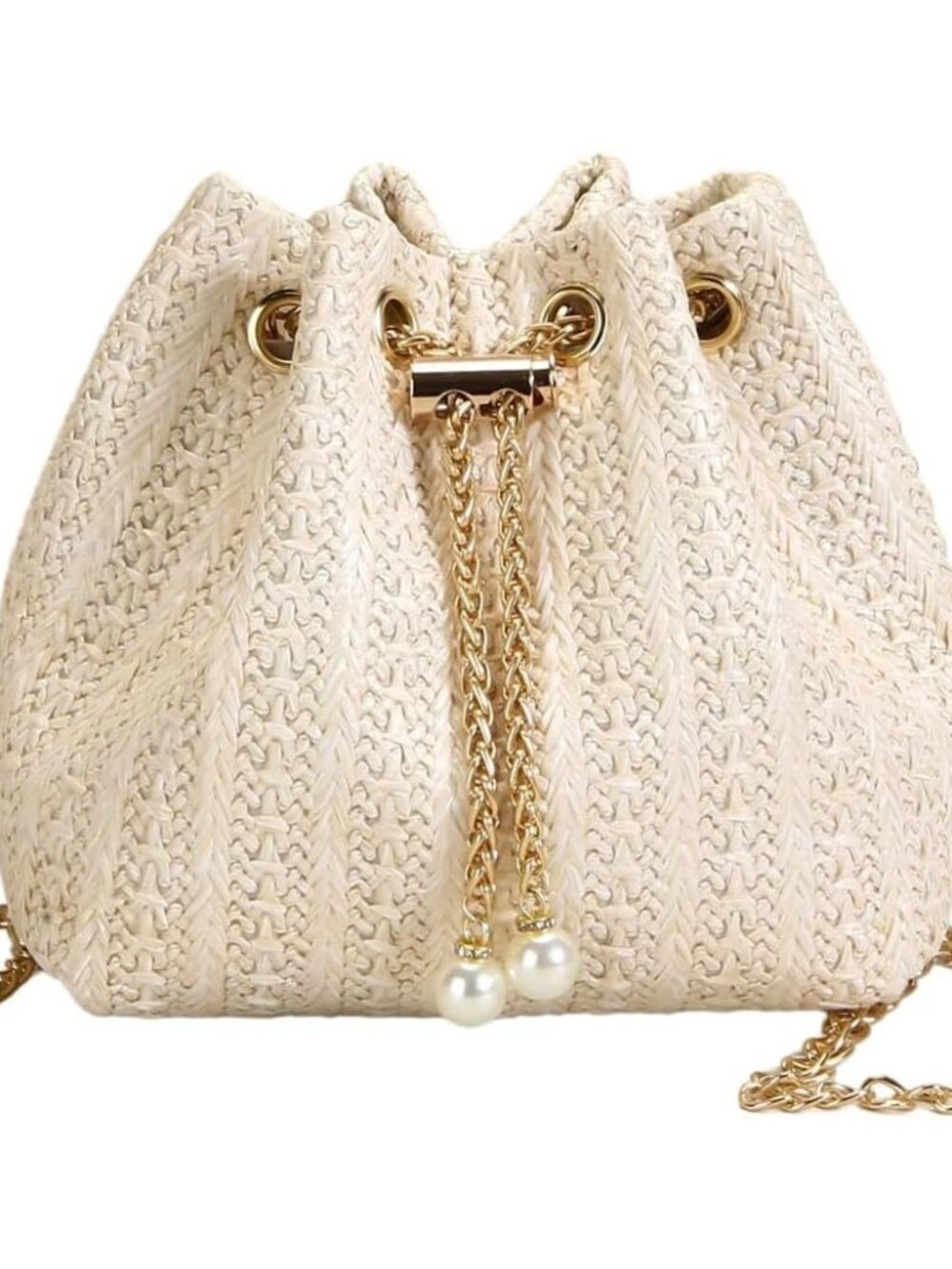 Women's Straw Drawstring Crossbody Bag Chain Bucket Handbags Purse
